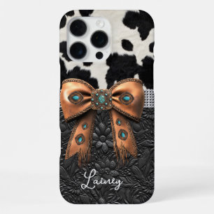 Funda Para iPhone 16 Pro Max Cuero de vaca negro y blanco con lazo con joyas