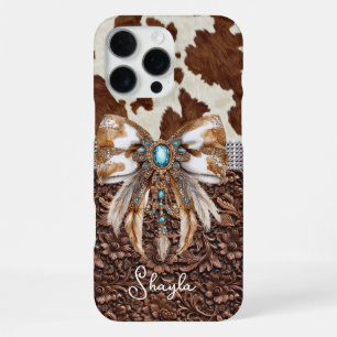 Funda Para iPhone 16 Pro Max Cuero Marrón de Vaqueta Joyas con Lazo Monogramado