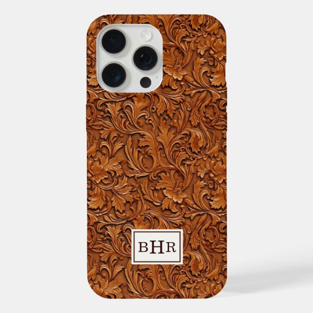 Funda Para iPhone Cuero Marrón Grabado Monogramado (Reverso )
