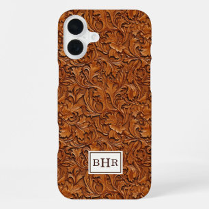 Funda Para iPhone 16 Plus Cuero Marrón Grabado Monogramado