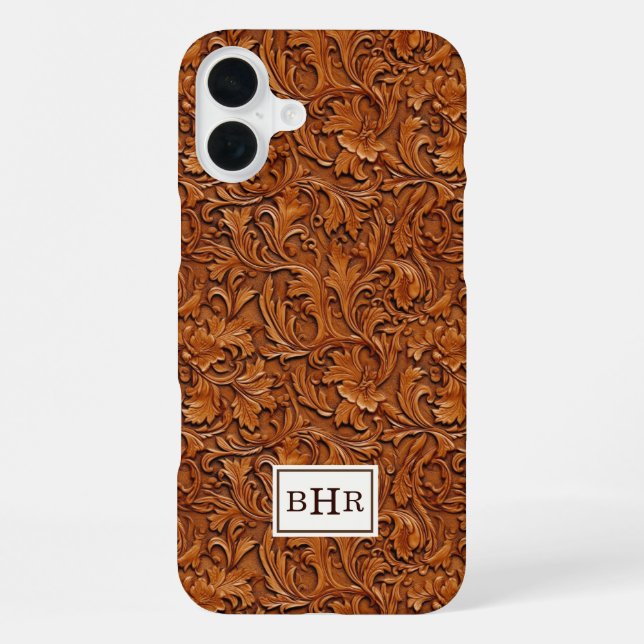 Funda Para iPhone Cuero Marrón Grabado Monogramado (Reverso )