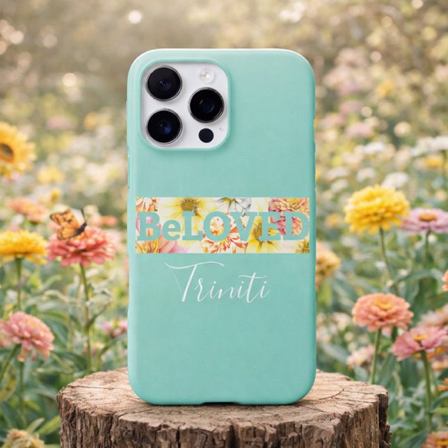 Funda Para iPhone Custom Floral Pastel Blue Green Beloved Christian (Soft Pastel Floral Beloved Custom Name Christian)