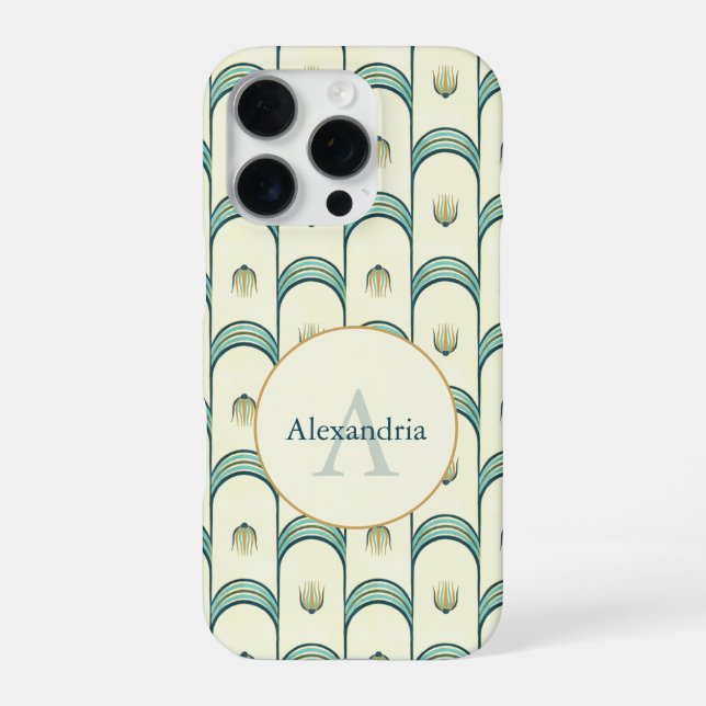 Funda Para iPhone Custom Name & Monogram Art Deco Teal & Gold (Reverso)