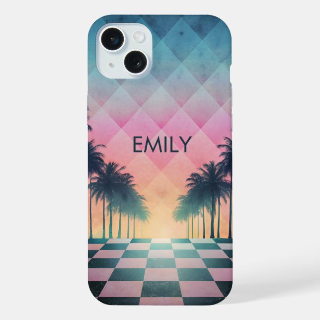 Funda Para iPhone Custom Name Retro Synthwave Sunset Palm Trees (Reverso )