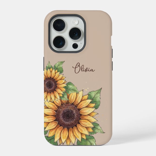 Funda Para iPhone Custom Name Watercolor Sunflower Rustic (Reverso )