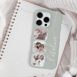 Funda Para iPhone 16 Pro Custom Photo Collage Personalized Sage Green<br><div class="desc">This stylish phone case offers a fresh look with its soft, sage green background, perfect for a personalized touch. It features three neatly arranged, rounded square frames down one side, ready for your favorite photos. A delicate, flowing script and subtle lines adorn the other side, adding an elegant and custom...</div>