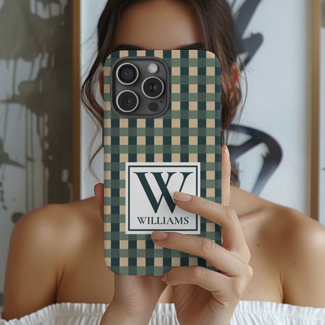 Funda Para iPhone Custom Plaid Monogram Phone Case Gift for Women (Green Checkered Pattern Personalized Phone Case for Women, Men, Coworkers or friends)