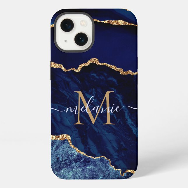 Funda Para iPhone Custom Your Name Agate Navy Blue Gold Marble (Reverso )