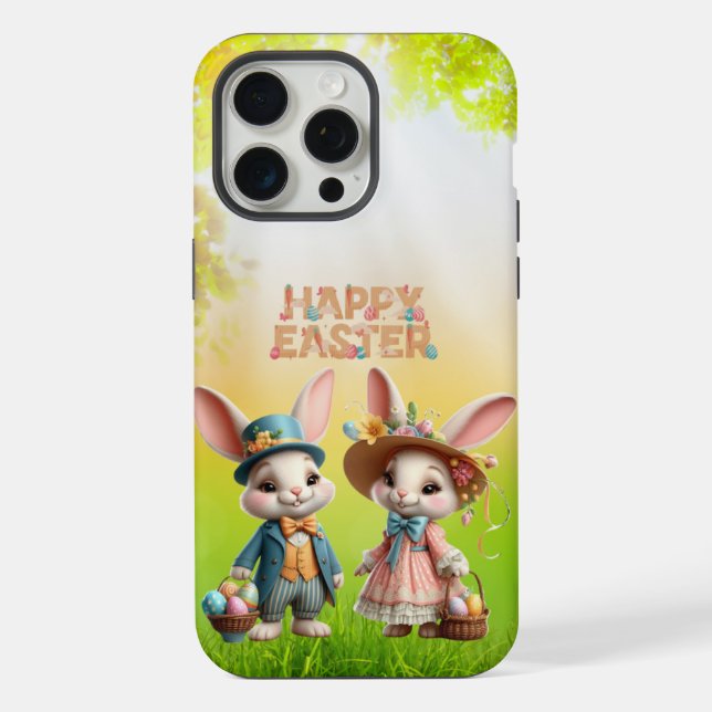 Funda Para iPhone Cuta, caprichosa Pascua feliz con 2 conejos (Reverso )