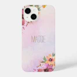 Funda Para iPhone 14 Cuta monogramada hermosa acuarela floral rosa