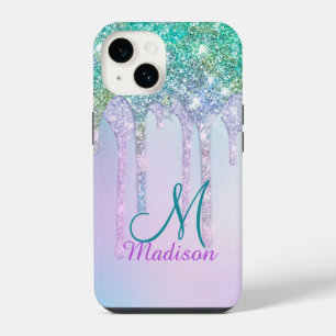 Funda Para iPhone 14 Cute Aqua Turquesa Unicornio Brillo Gotea monogram