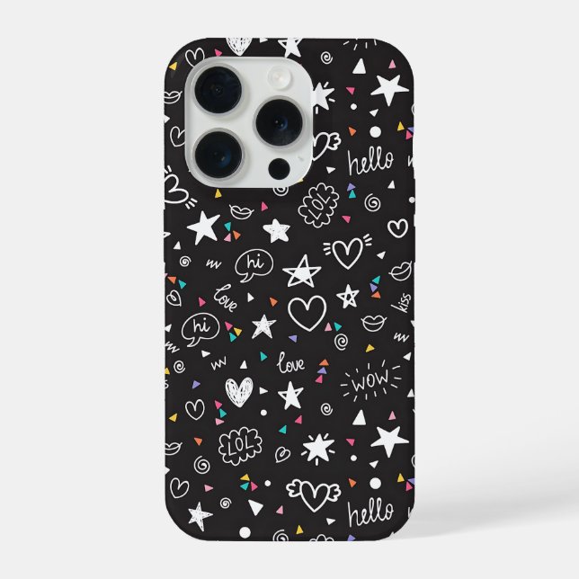 Funda Para iPhone Cute Black Doodle Pattern Phone Case with Hearts  (Reverso )