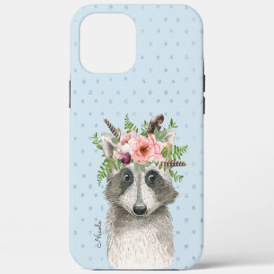 Funda Para iPhone 12 Pro Max Cute Boho Raccoon con corona floral y nombre