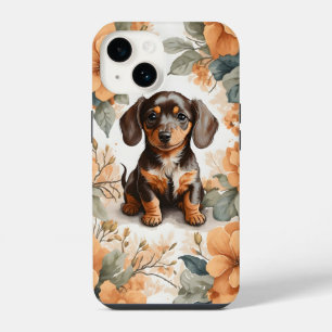 Funda Para iPhone 14 Cute Brown Dachshund Puppy Peach Floral
