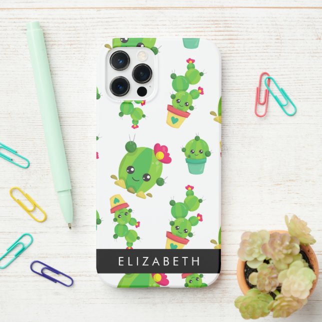 Funda Para iPhone Cute Cactus, Patrón Cactus, Suculento, Su Nombre (En el escritorio)