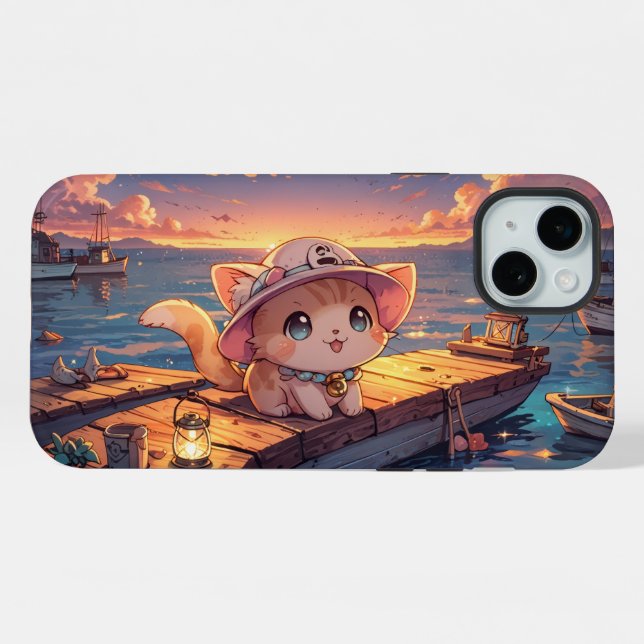 Funda Para iPhone Cute Chibi Kitten at the Harbor Sunset – Whimsical (Reverso Horizontal)