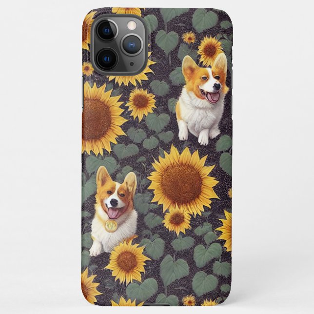 Funda Para iPhone Cute Corgis Encantado Girasol Dibujo Jardín (Reverso)