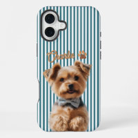 Cute Dog Photo Personalized Name Teal Stripe