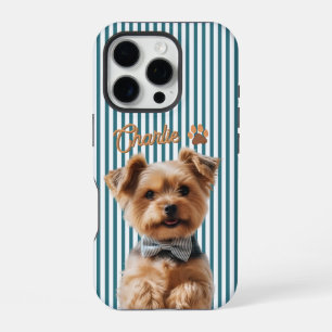 Funda Para iPhone 16 Pro Cute Dog Photo Personalized Name Teal Stripe
