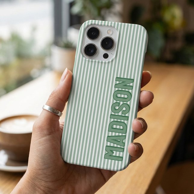 Funda Para iPhone Cute Green & White Pinstripe Personalized Name (Subido por el creador)