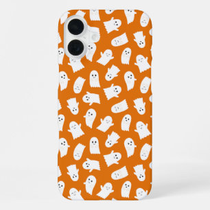 Funda Para iPhone 16 Plus Cute Kawaii Ghost Pattern on Orange Background 