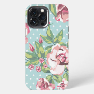 Funda Para iPhone 13 Pro Max Cute patrón floral de lunares retro rosa azul clar