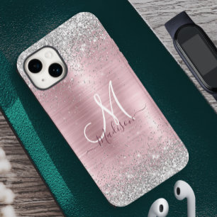Funda Para iPhone 14 Cute rosa rubor plateado monograma de purpurina fa