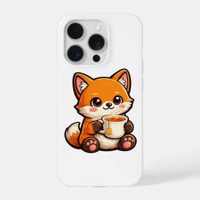 Funda Para iPhone Cute Tea Fox Illustration – Cozy Fox Drinking Tea (Reverso )