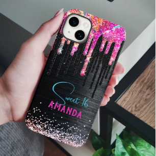 Funda Para iPhone 14 Cute unicornio negro brillo cumpleaños monograma