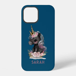 Funda Para iPhone 12 Cute Unicornio Negro con Flores Unicornio de Acuar