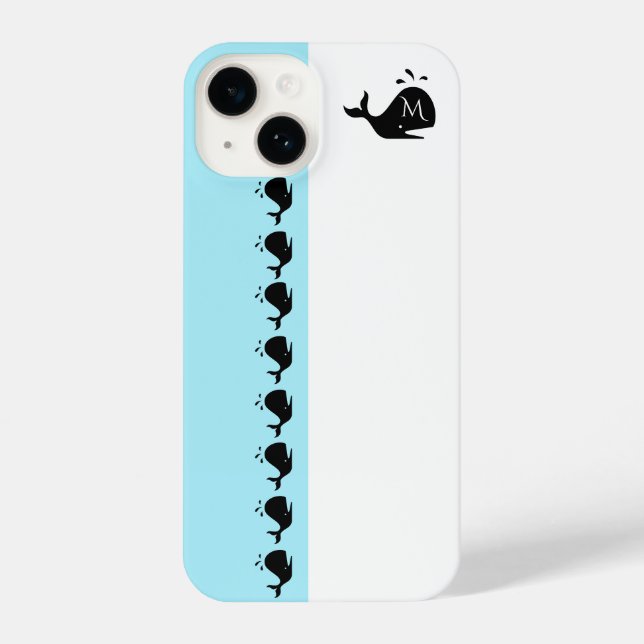Funda Para iPhone Cute White and Blue Custom Initial Black Whale (Reverso )