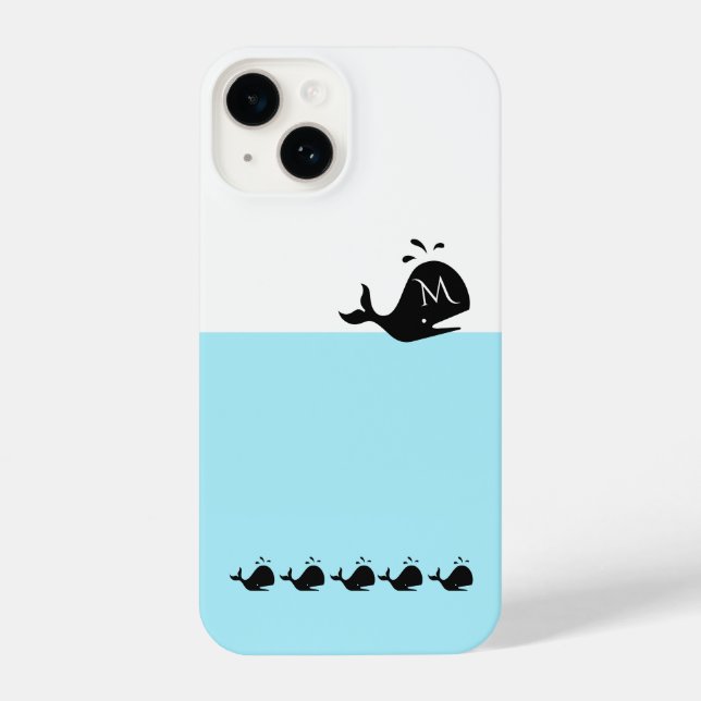 Funda Para iPhone Cute White and Blue Custom Initial Black Whale (Reverso )