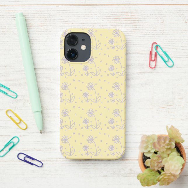 Funda Para iPhone Daisies y puntos 2 - amarillo y púrpura pastel (En el escritorio)