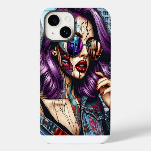 Funda Para iPhone 14 Dama Bonita Abstracta Colorida con Cabello Púrpura