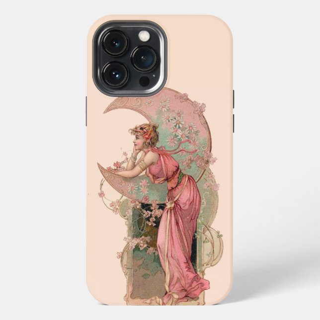 FUNDA PARA iPhone DAMA DE LA LUNA CON FLORES DE COLOR ROSA (Reverso )