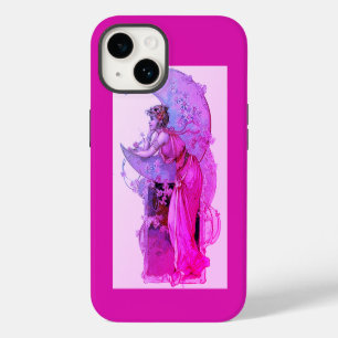 FUNDA PARA iPhone 14 DAMA DE LA LUNA CON FLORES EN FUCHSIA ROSA
