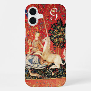 Funda Para iPhone 16 Plus DAMA Y UNICORNIO Fantasía Flores,Animales Monogram