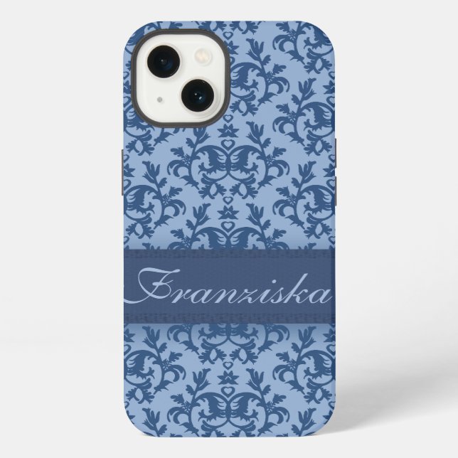 Funda Para iPhone Damasco botánico azul profundo (Reverso )
