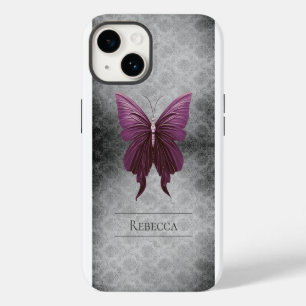 Funda Para iPhone 14 Damasco de mariposa con joyas magenta