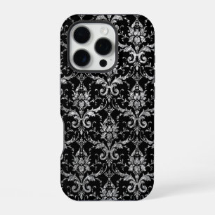Funda Para iPhone 16 Pro Damasco metálico plateado sobre negro