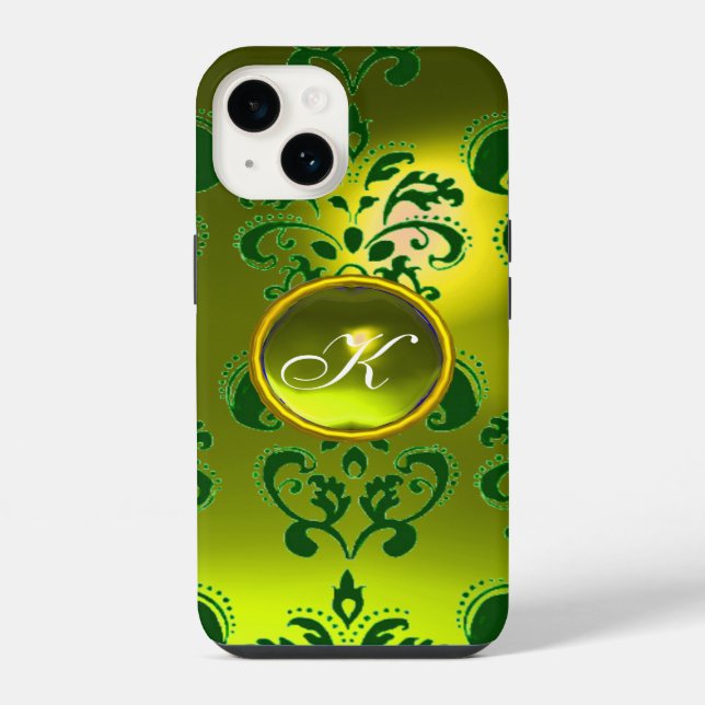 Funda Para iPhone DAMASK GEM MONOGRAM amarillo verde (Reverso )