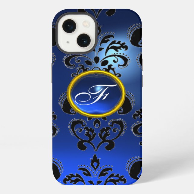 Funda Para iPhone DAMASK GEM MONOGRAM azul oscuro (Reverso )