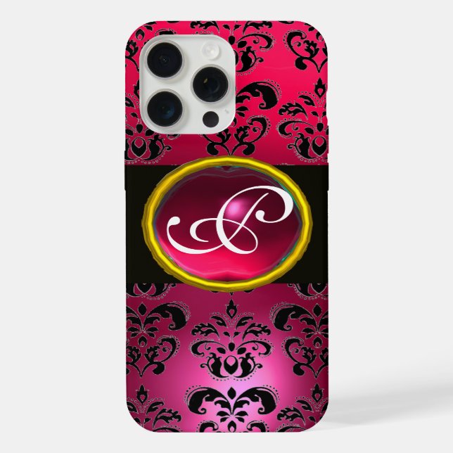Funda Para iPhone DAMASK GEM MONOGRAM Rosa Rojo Rubí (Reverso )