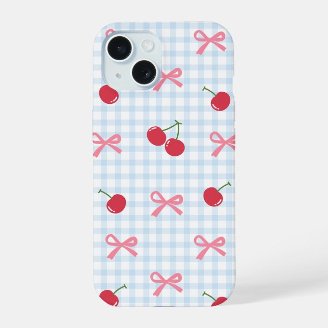 Funda para iPhone de cuadros de cereza con lazo Co (Reverso )