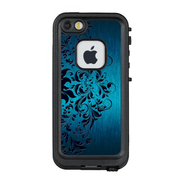 Funda Para iPhone De LifeProof Azul metálico y encaje floral azul oscuro (Reverso)