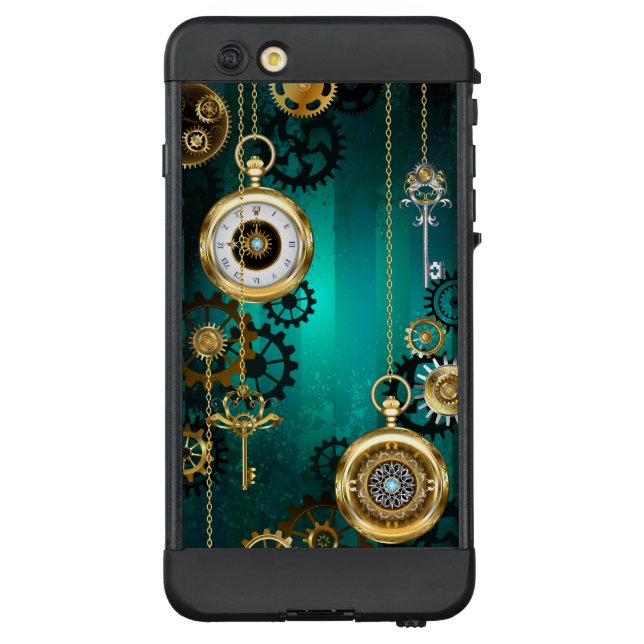 Funda Para iPhone De LifeProof Steampunk Jewelry Watch sobre un fondo verde (Reverso)