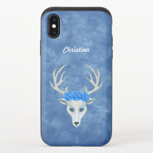 Funda Deslizante Para iPhone X Cabeza de ciervo blanco misteriosa cara Rosas azul