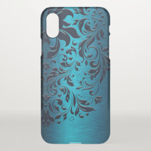 Funda Para iPhone X Floral Blue Swirly Lace y textura azul metálica