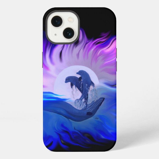Funda Para iPhone Delfines a la luz de la luna (Reverso )