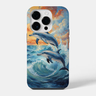 Funda Para iPhone 14 Pro Delfines Artísticos Saltando Puesta de Sol Océano